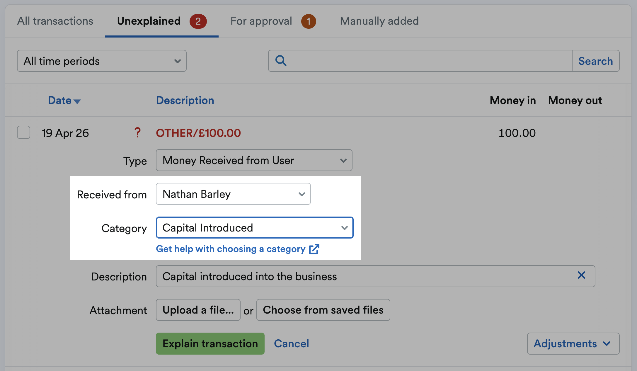 Received from and category drop-down menus highlighted