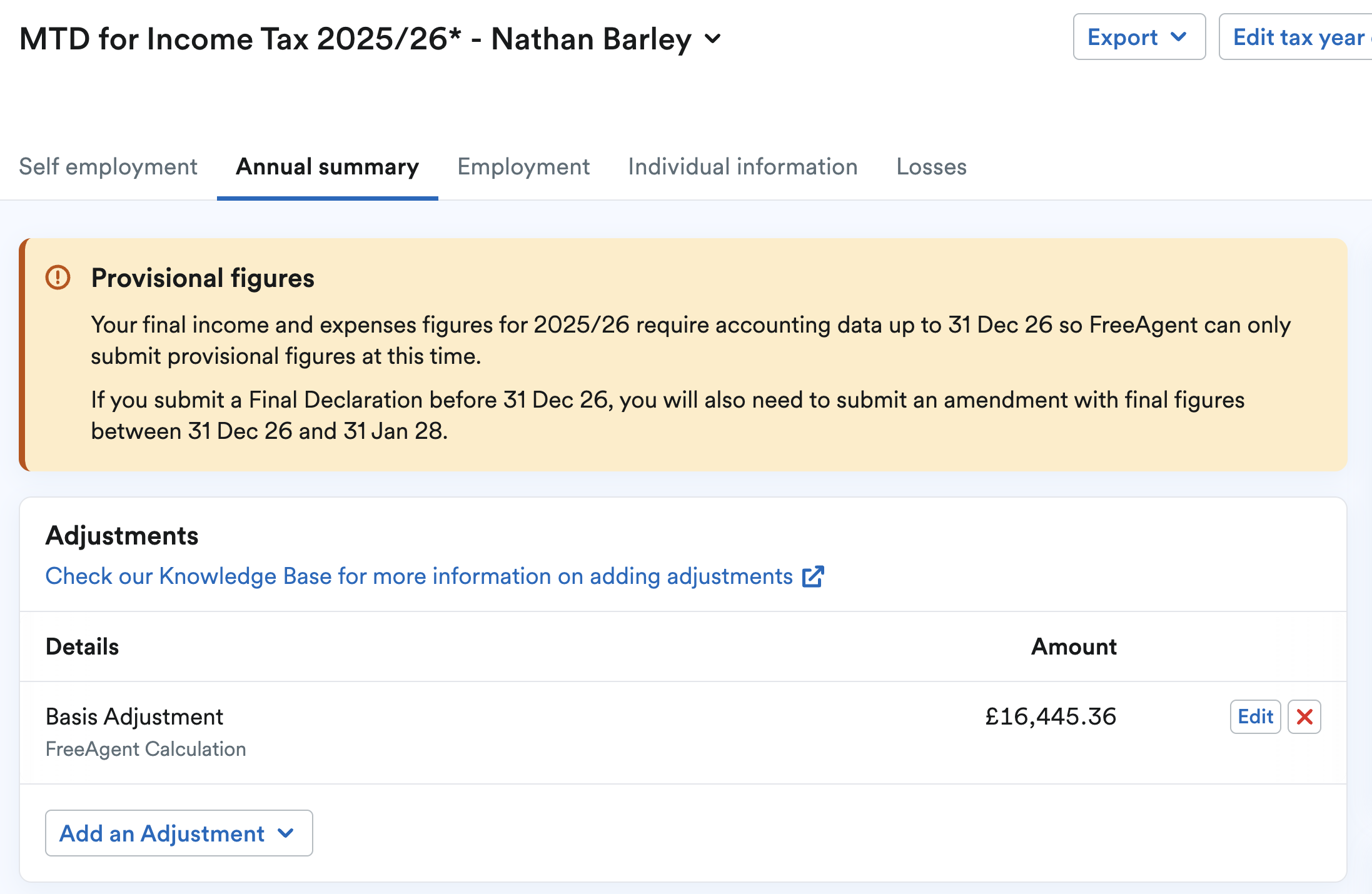 Basis adjustment figure on the Annual summary page