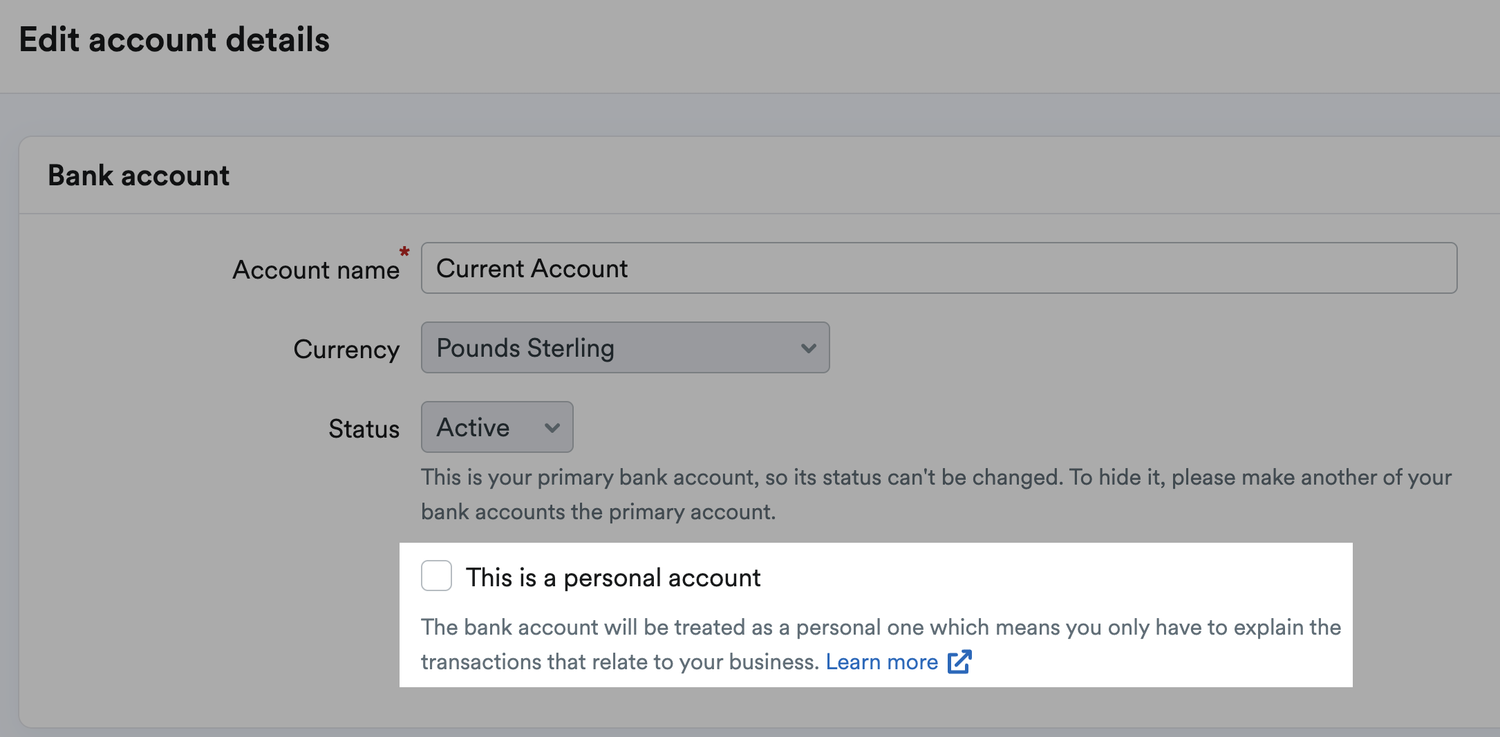 Personal account checkbox highlighted