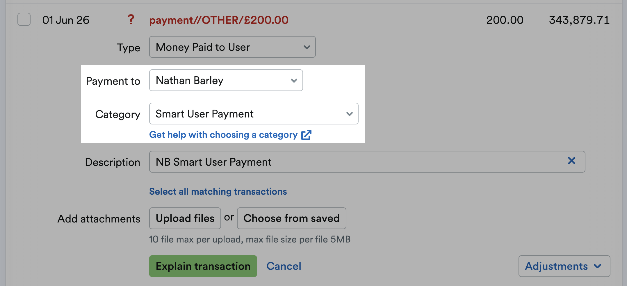 Payment to and category menu's highlighted