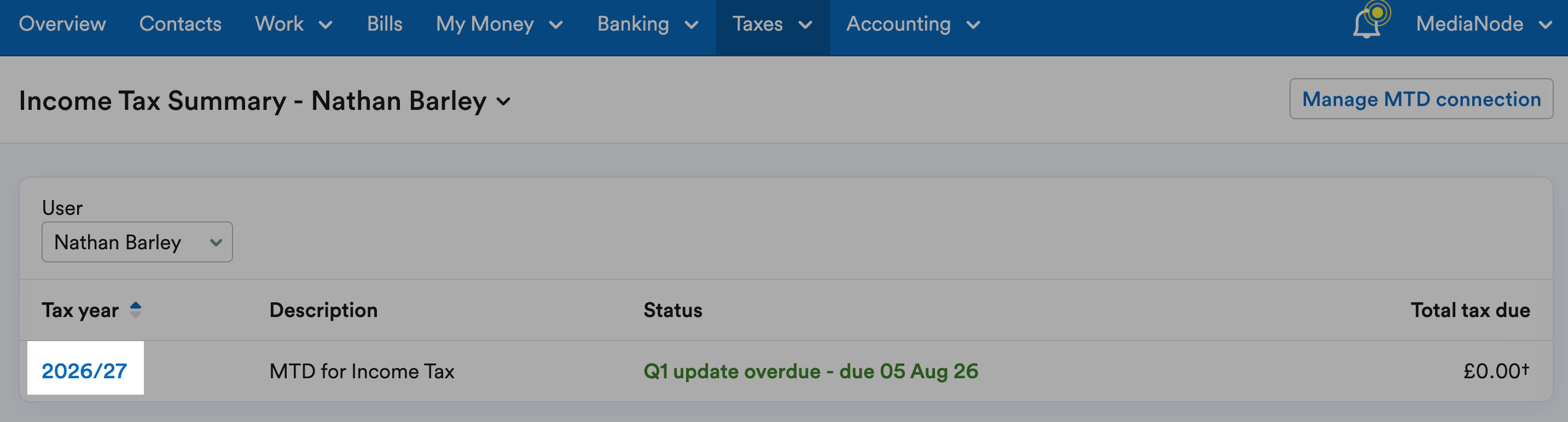 Tax year highlighted on Income Tax Summary page.