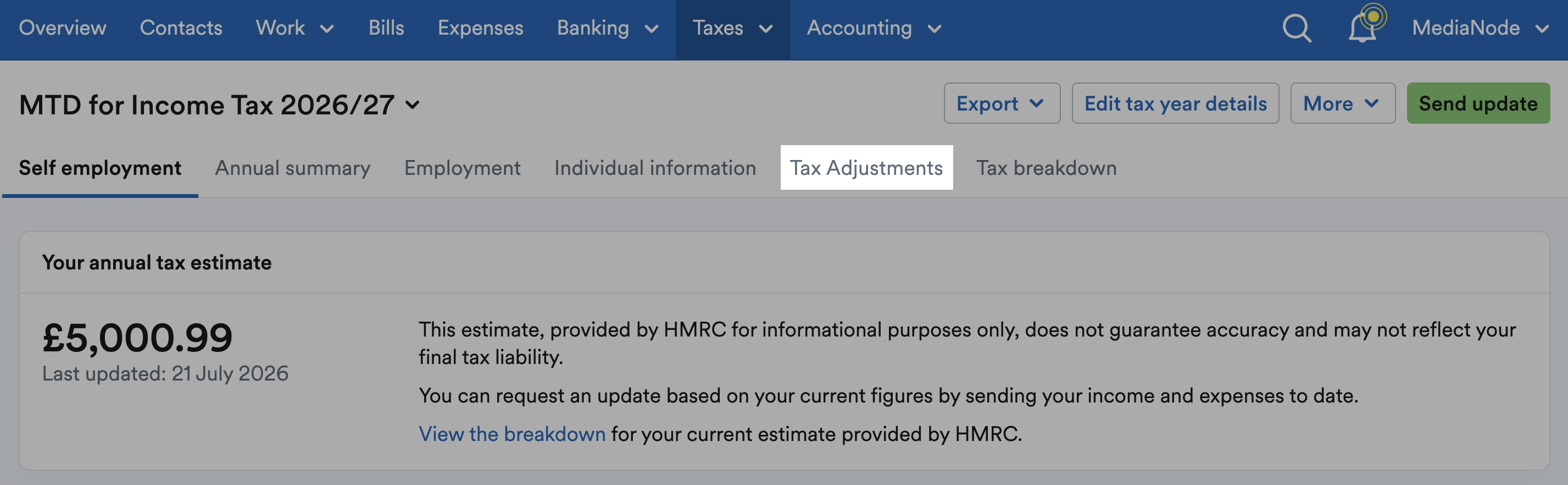 'Tax Adjustments' tab highlighted on MTD for Income Tax page.