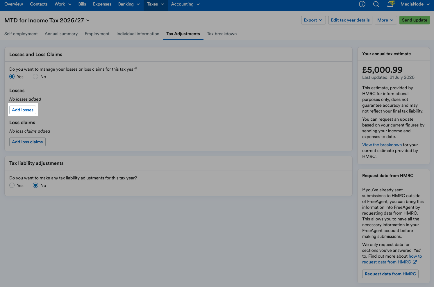 'Add losses' button highlighted in Losses and Loss Claims area.