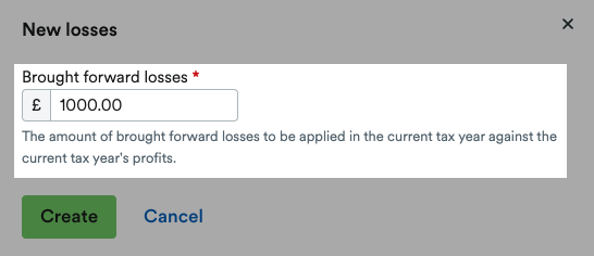 'Brought forward losses' amount field in 'New losses' window.