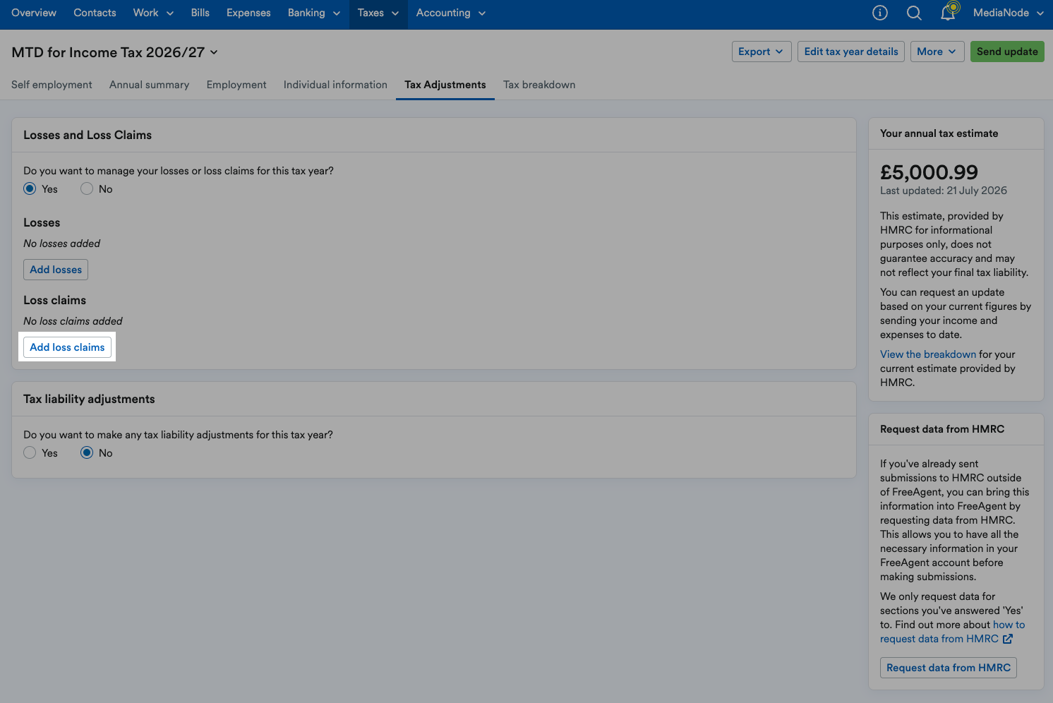 'Add loss claims' button highlighted in Losses and Loss Claims area.