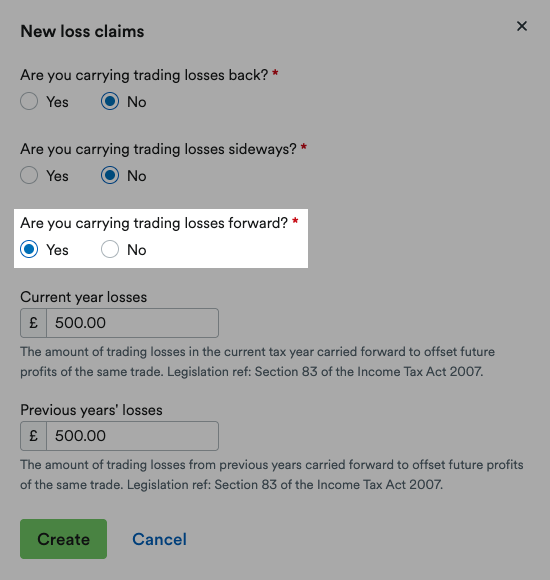 'Yes' selected for 'Are you carrying trading losses forward?'.