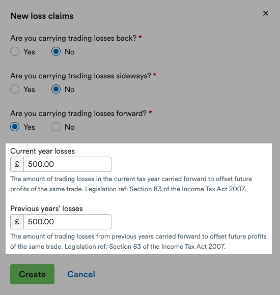 'Current year losses' and 'Previous years' losses' fields highlighted in 'New loss claims' window.