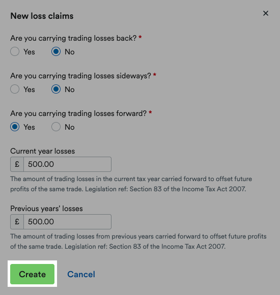 'Create' button highlighted in 'New loss claims' window.