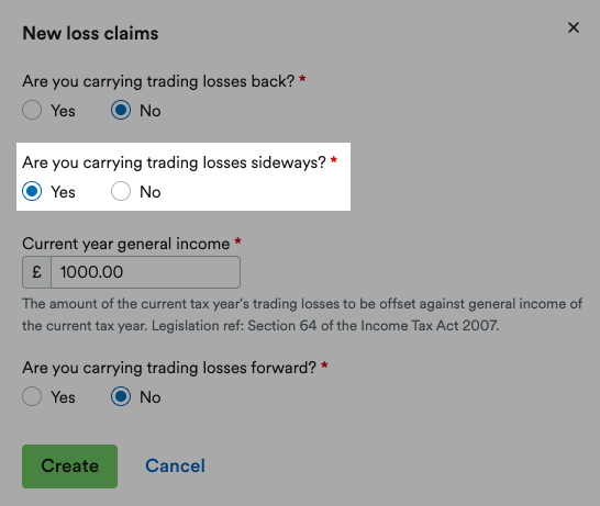 'Yes' selected for 'Are you carrying trading losses sideways?'.