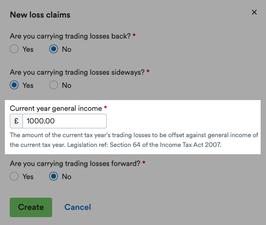 'Current year general income' field highlighted in 'New loss claims' window.