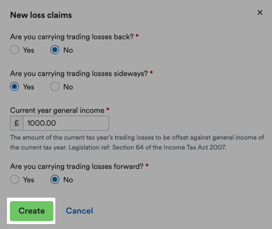 'Create' button highlighted in 'New loss claims' window.