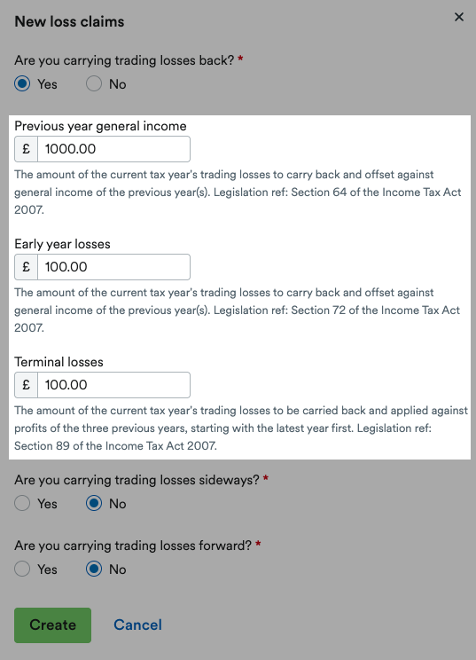 'Previous year general income', 'Early year losses' and 'Terminal losses' fields highlighted in 'New loss claims' window.