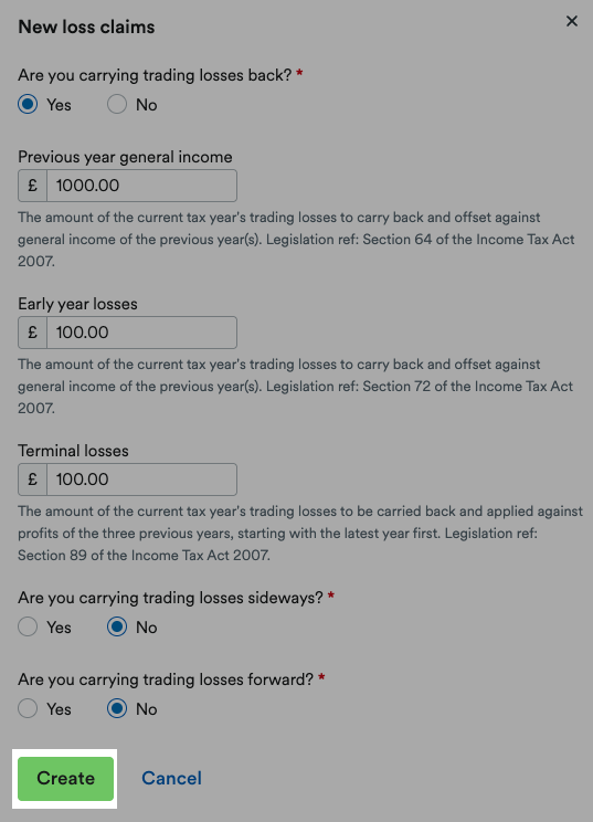 'Create' button highlighted in 'New loss claims' window.