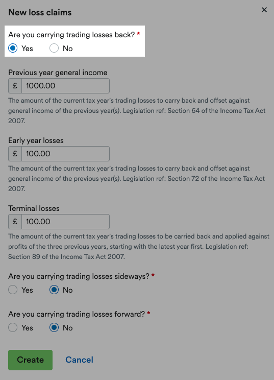 'Yes' selected for 'Are you carrying trading losses back?'.