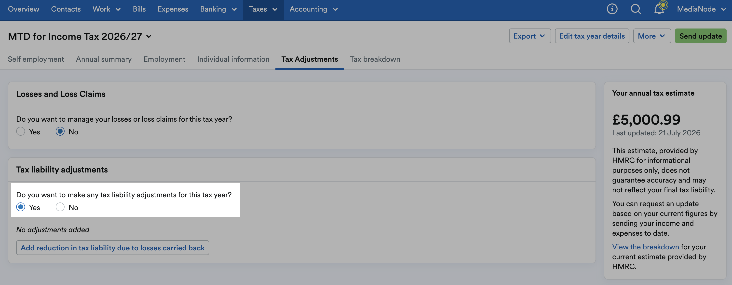 'Yes' selected for 'Do you want to make any tax liability adjustments for this tax year?'.