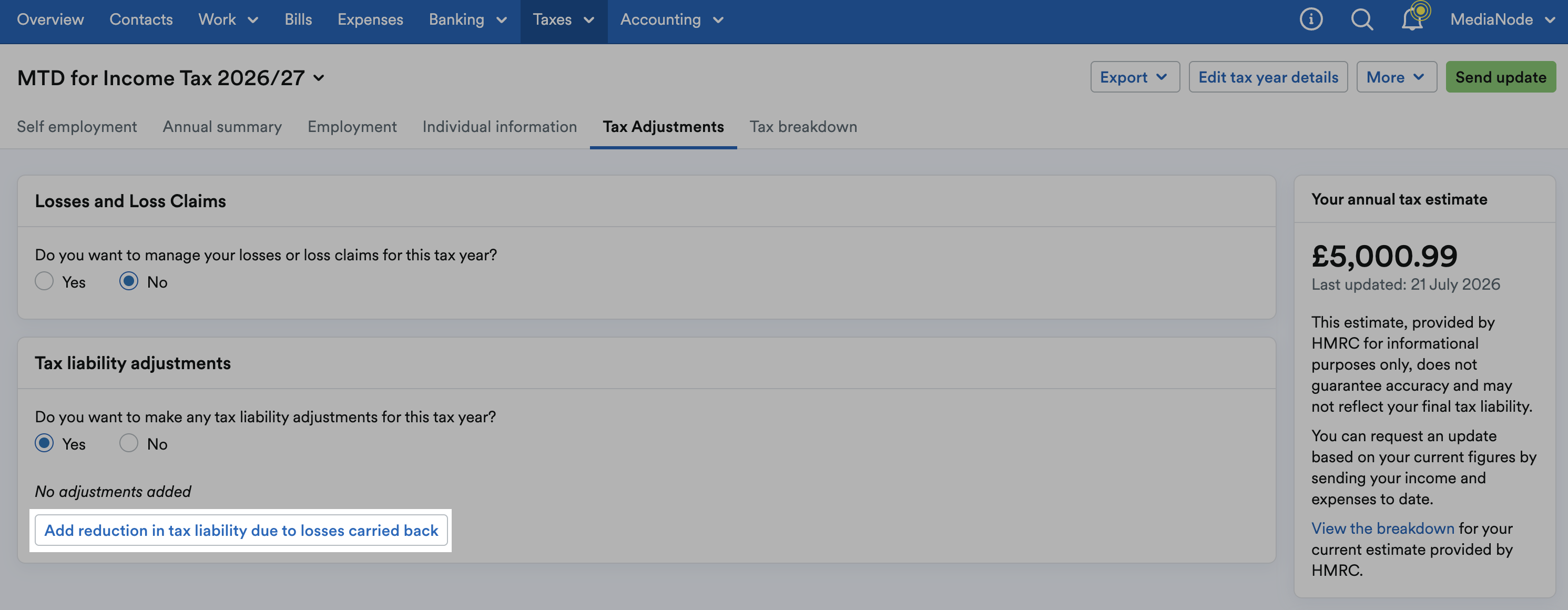 'Add reduction in tax liability due to losses carried back' button in 'Tax liability adjustments' area.
