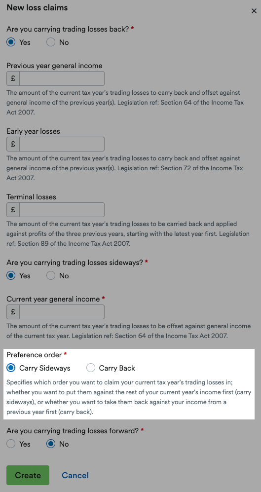 'Carry Sideways' selected for 'Preference order' in 'New loss claims' window.