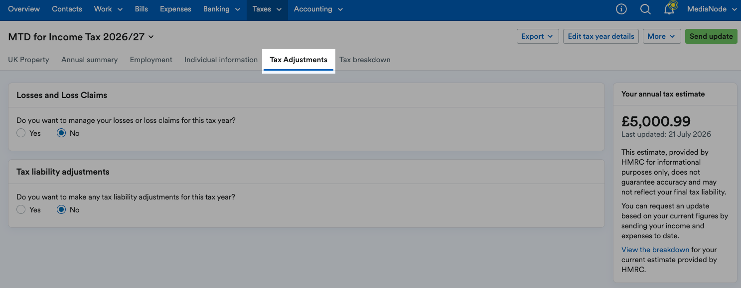'Tax Adjustments' tab highlighted on MTD for Income Tax page.
