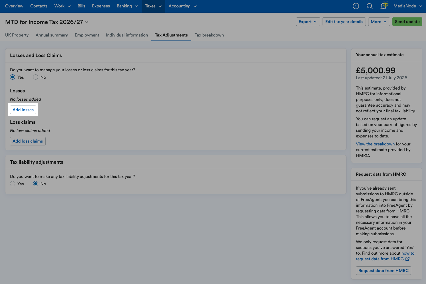 'Add losses' button highlighted in 'Losses and Loss Claims' area.
