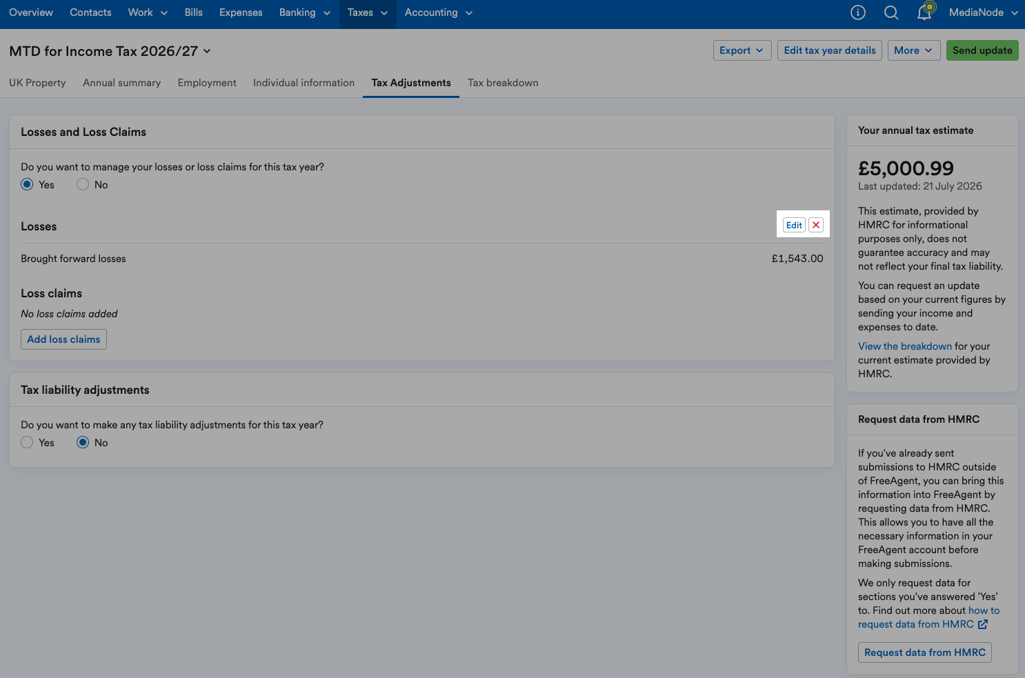'Edit' and red 'X' button highlighted next to added brought forward losses.