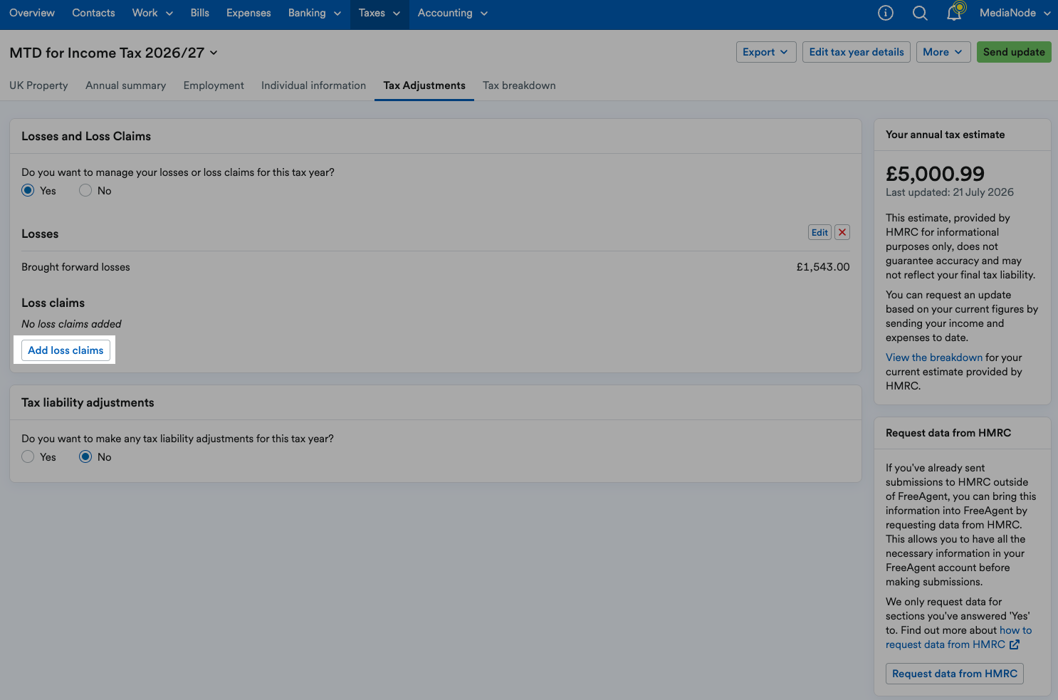 'Add loss claims' button highlighted in 'Losses and Loss Claims' area.