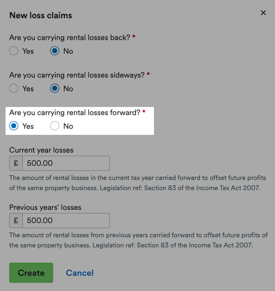 'Yes' selected for 'Are you carrying rental losses forward?'.