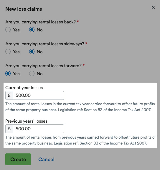 'Current year losses' and 'Previous years' losses' fields highlighted in 'New loss claims' window.