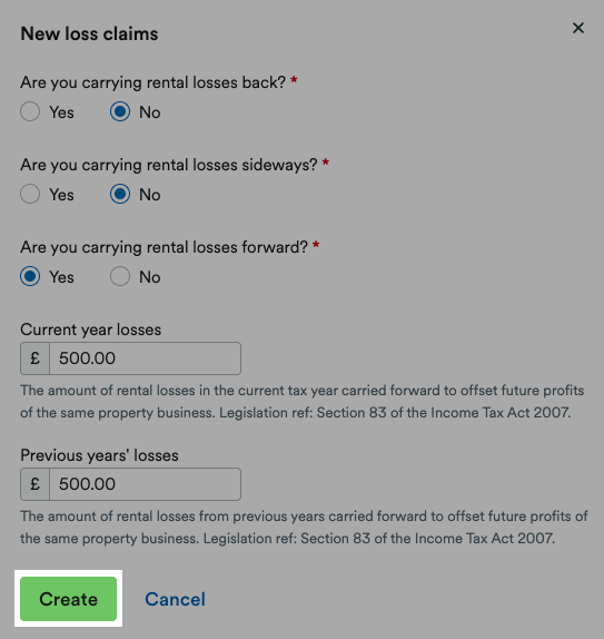 'Create' button highlighted in 'New loss claims' window.