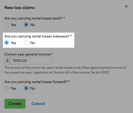 'Yes' selected for 'Are you carrying rental losses sideways?'.