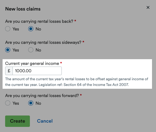 'Current year general income' field highlighted in 'New loss claims' window.