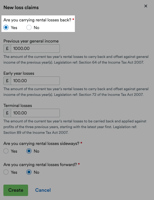 'Yes' selected for 'Are you carrying rental losses back?'.