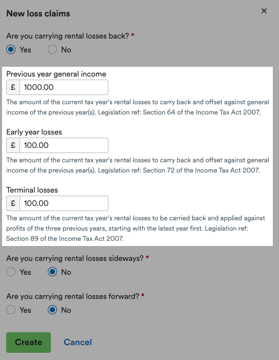 'Previous year general income', 'Early year losses' and 'Terminal losses' fields highlighted in 'New loss claims' window.