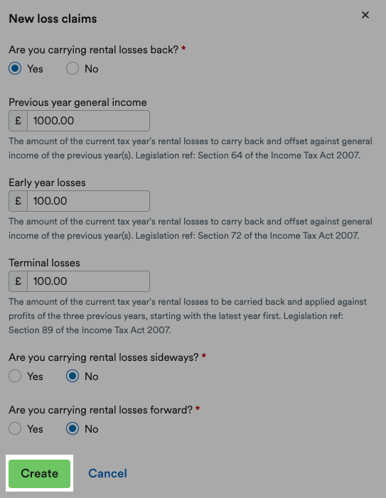 'Create' button highlighted in 'New loss claims' window.