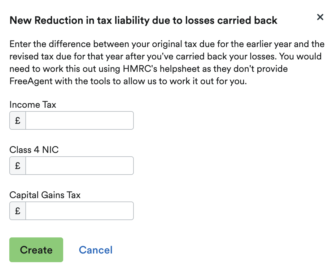 'Income Tax', 'Class 4 NIC' and 'Capital Gains Tax' fields shown in 'New Reduction in tax liability due to losses carried back' window.