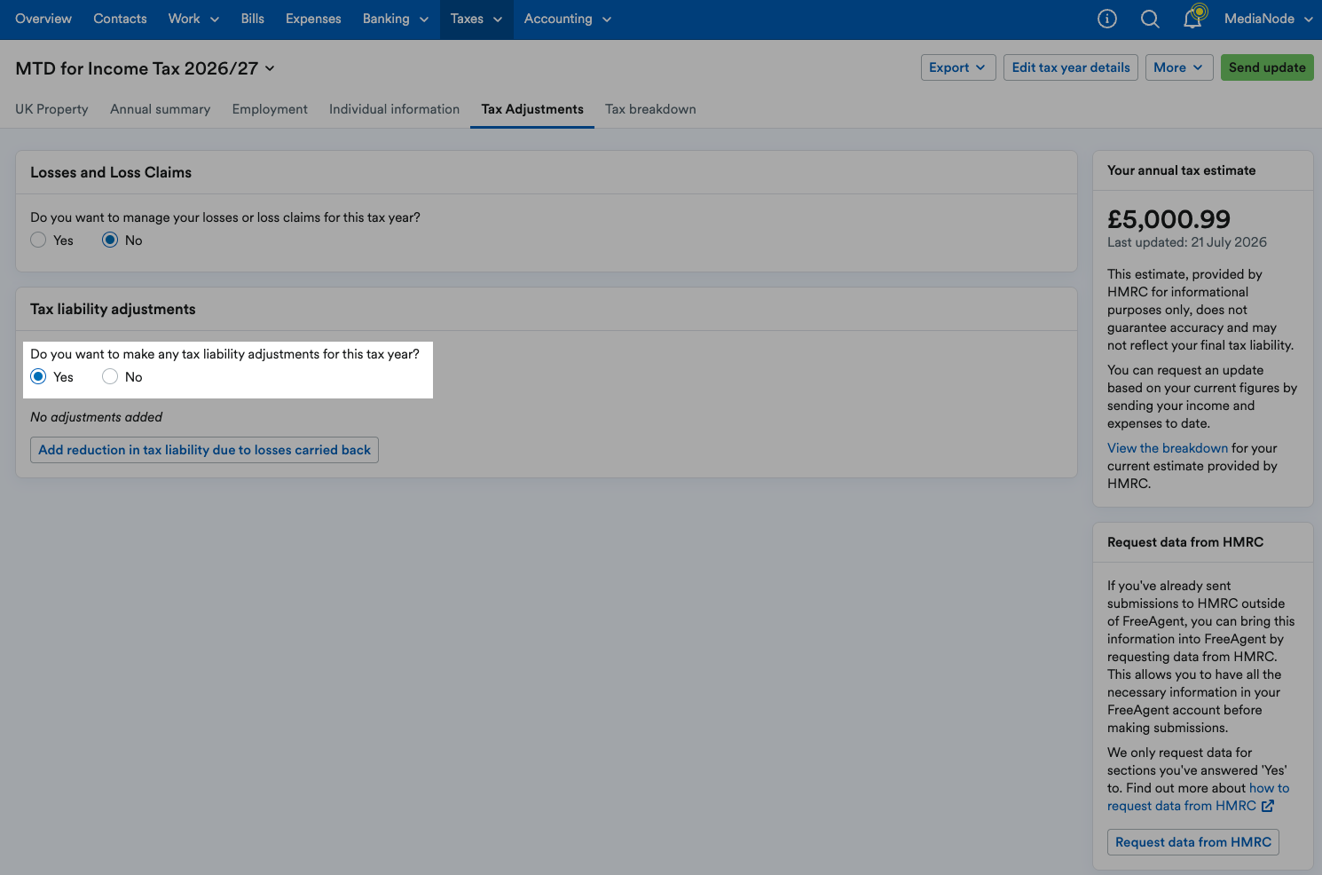 'Yes' selected for 'Do you want to make any tax liability adjustments for this tax year?'.