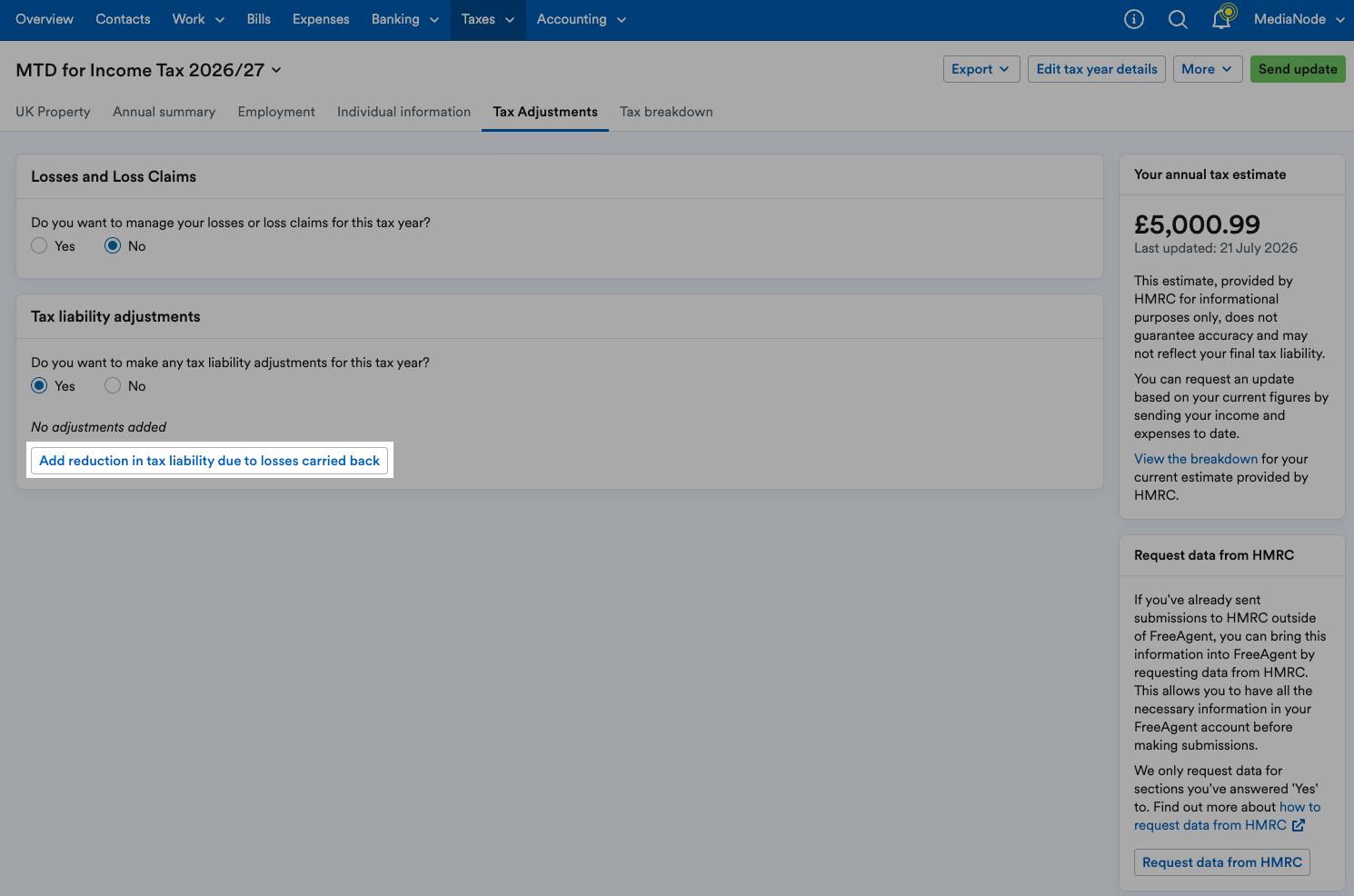 'Add reduction in tax liability due to losses carried back' button highlighted in 'Tax liability adjustments' area.
