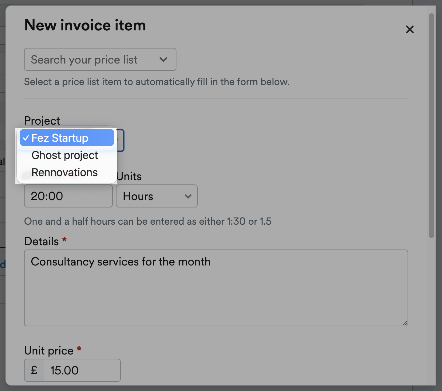 Multiple projects highlighted in Project menu when adding a line item
