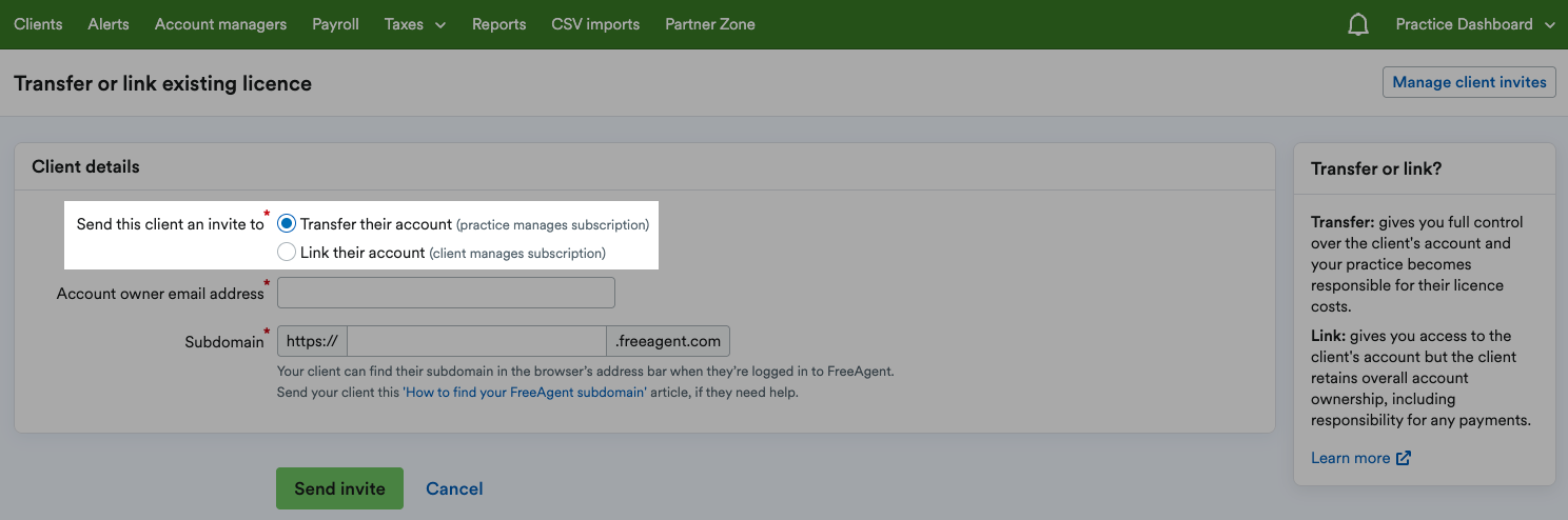 Options to 'Sent this client an invite to': 'Transfer their account' or 'Link their account'.