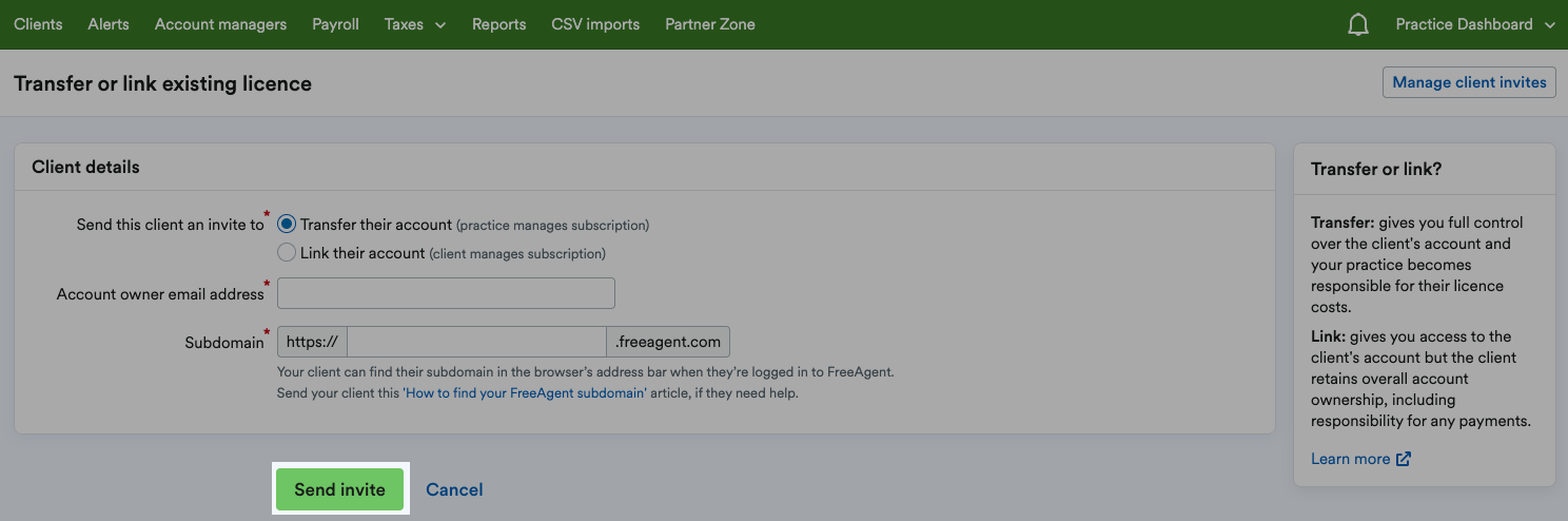 'Send invite' button highlighted at bottom of page.