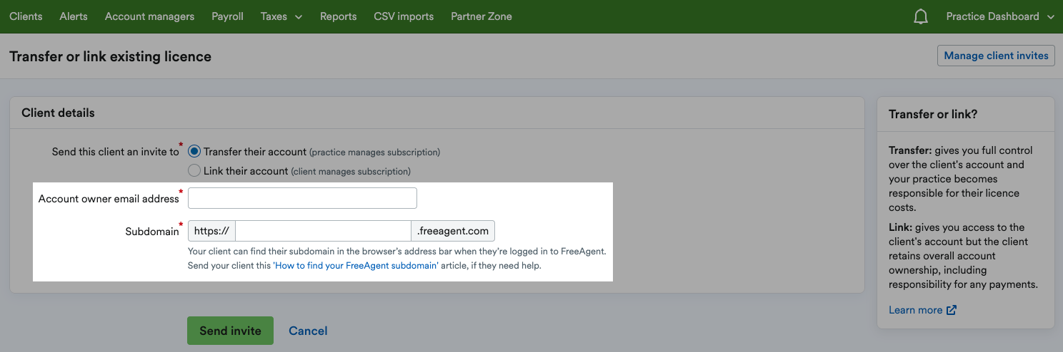 Fields to enter 'Account over email address' and 'Subdomain'.