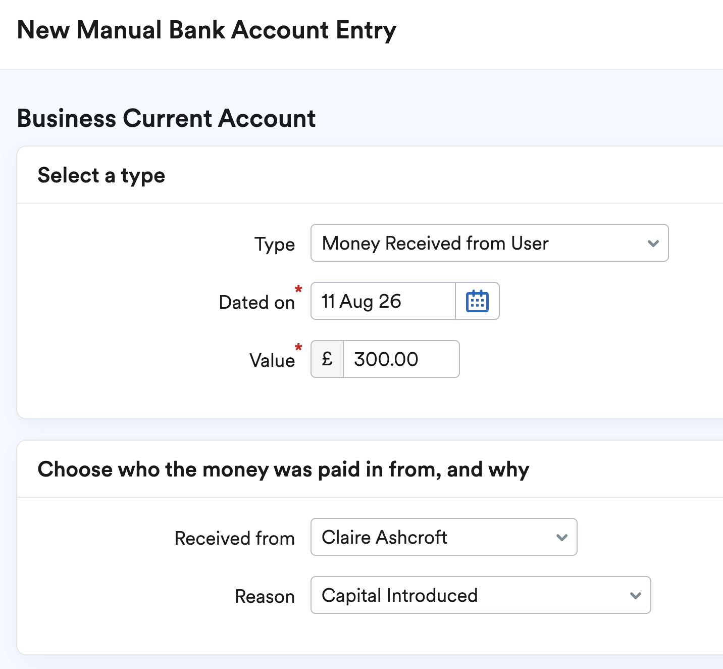 Money received from user and capital introduced being added manually