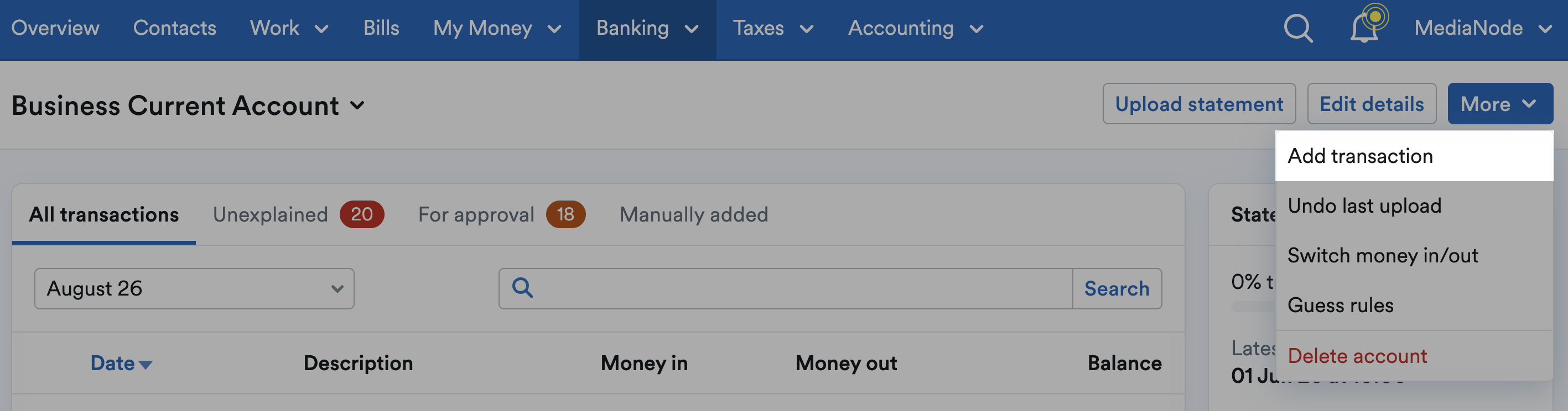 Add transaction from the More drop-down menu