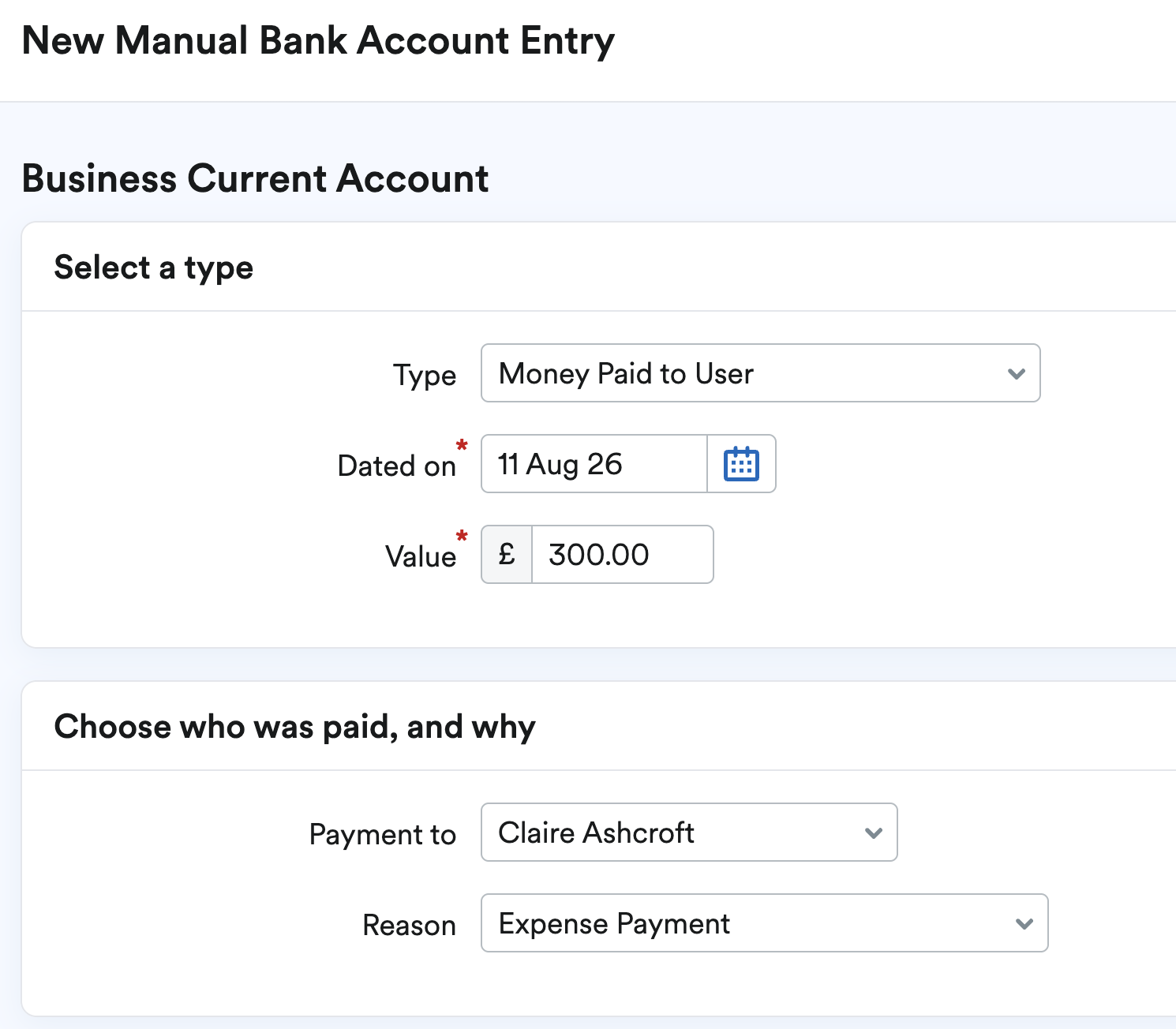 Money paid to user and expense payment being added manually