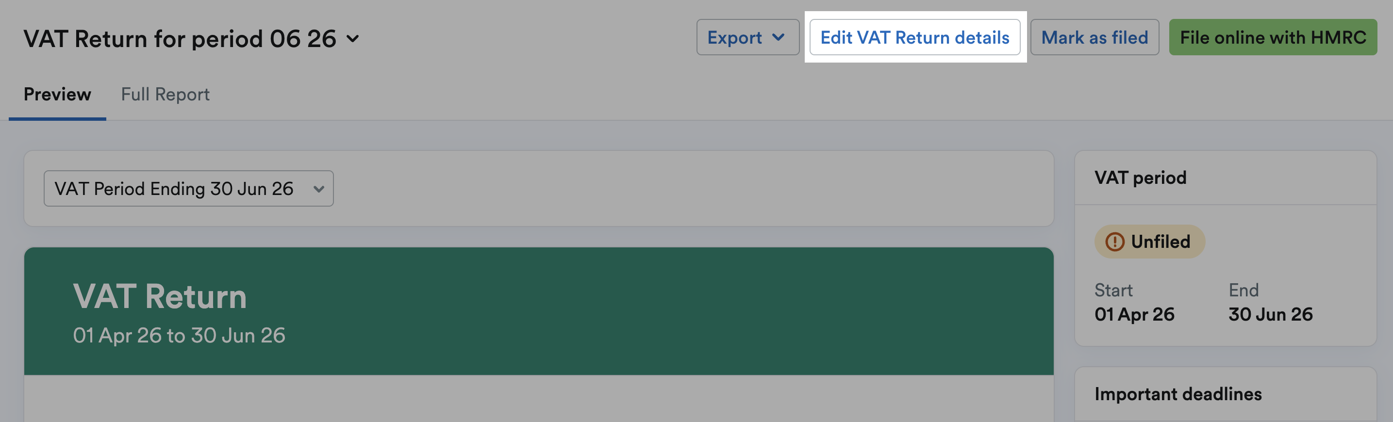 Edit VAT return details button highlighted