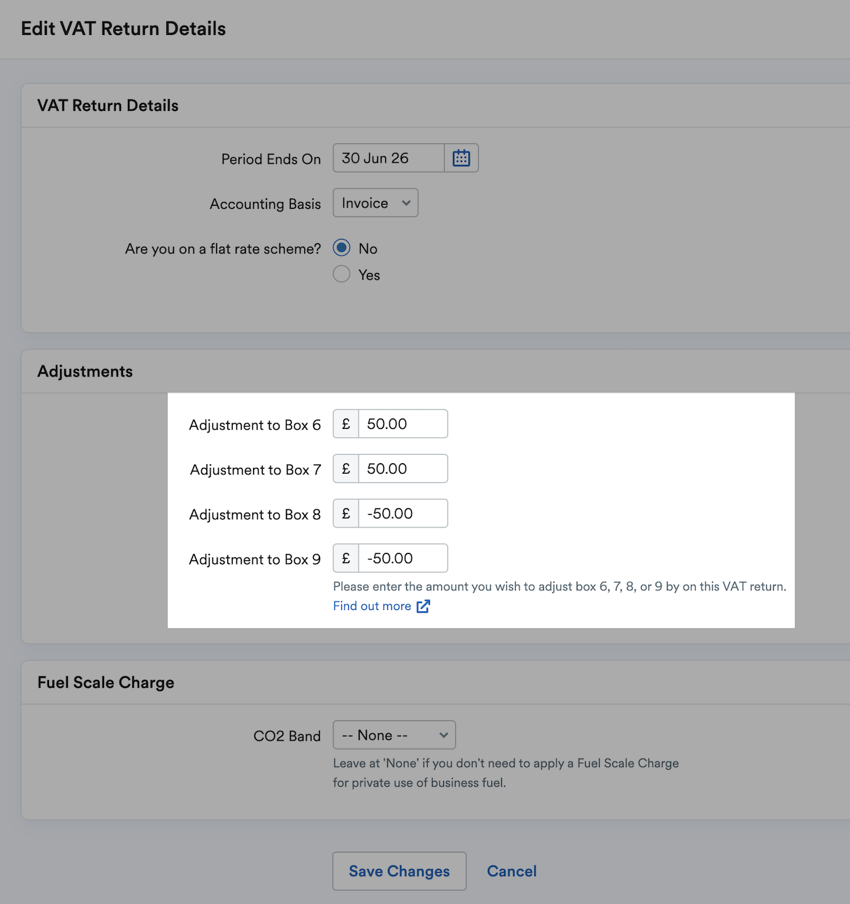 Adjustments section with changes to boxes 6 to 9 highlighted