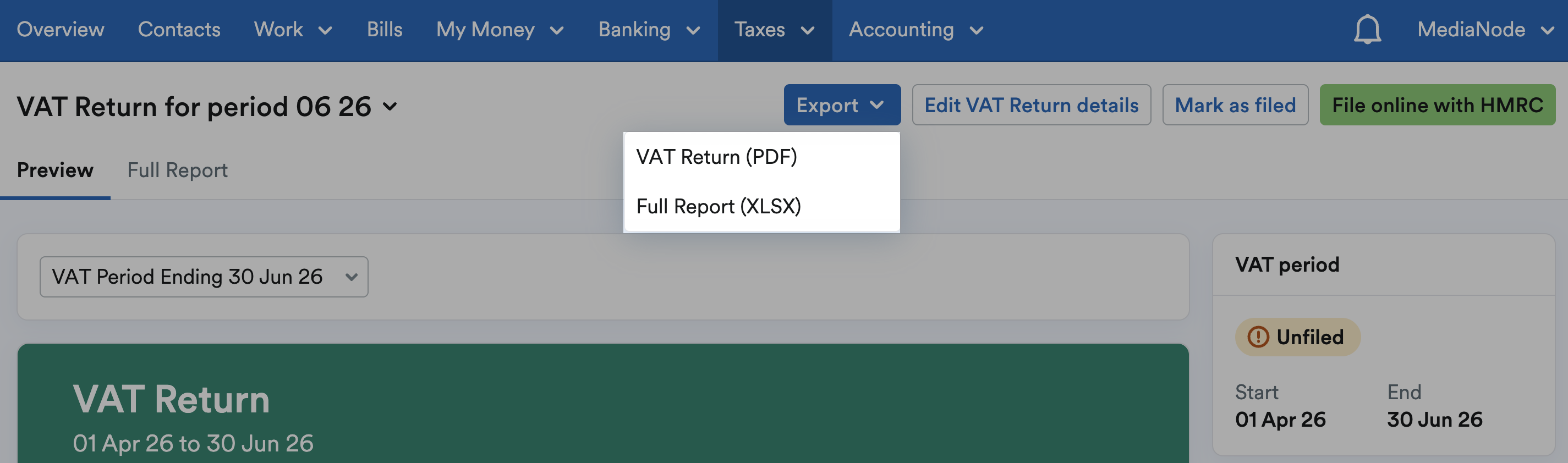 Export menu with options to export the preview page or full report highlighted