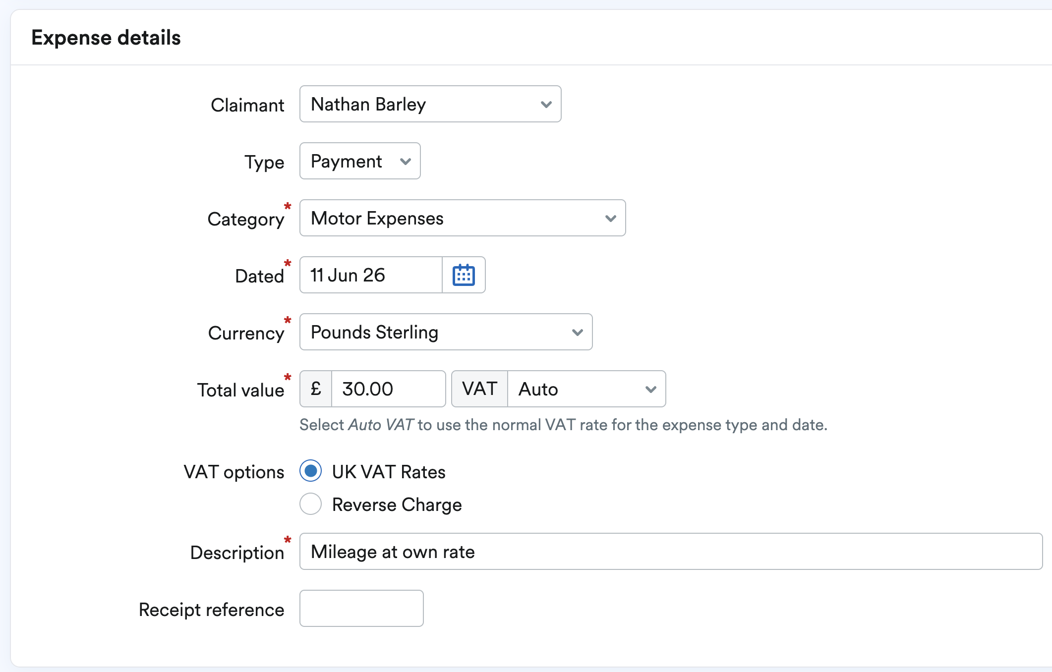 Expense details showing the 'Category' of 'Motor Expenses'.