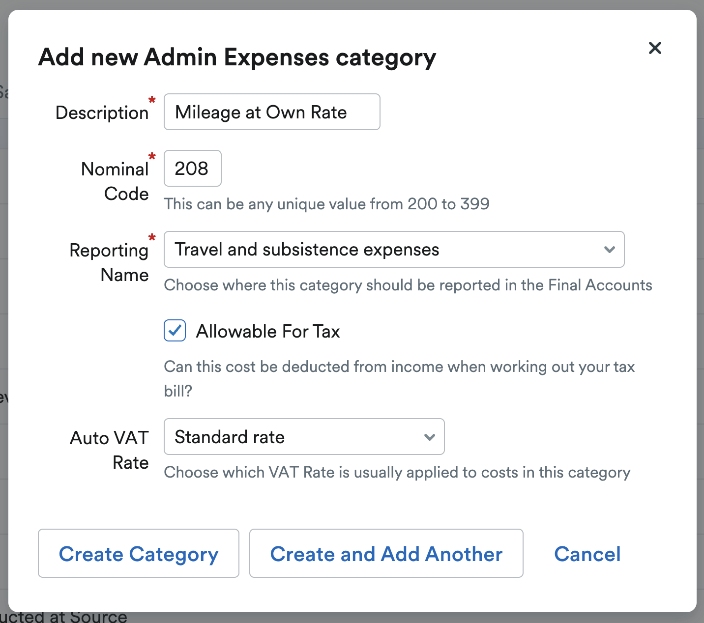 New Expense Category showing with Description of 'Mileage at Own Rate'.