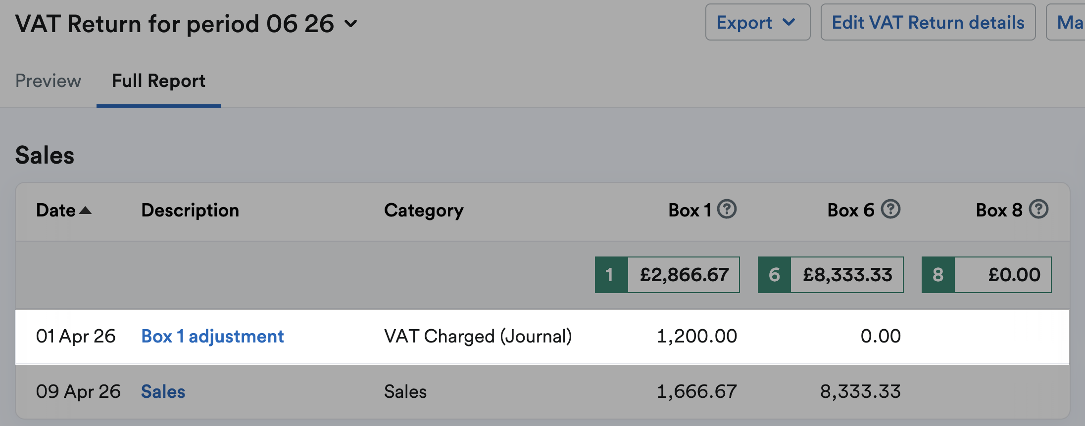 Box 1 adjustment highlighted in sales section