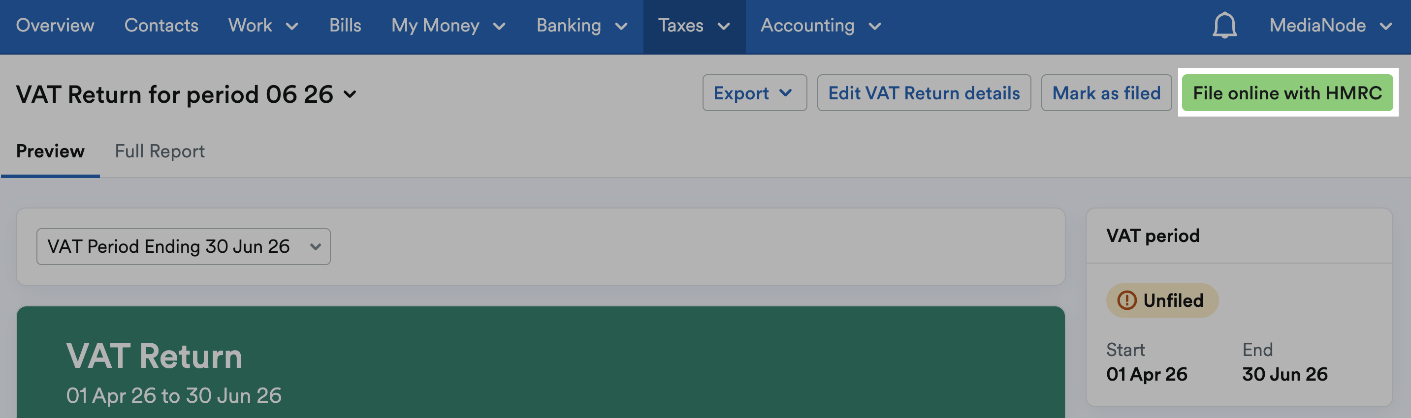 File online with HMRC button highlighted in the top-right